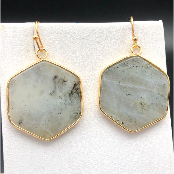 Estate Jewelry - Gray Quartz Earrings Natural Hexagon Gemstone Gold Tone Bezel Drop Dangles